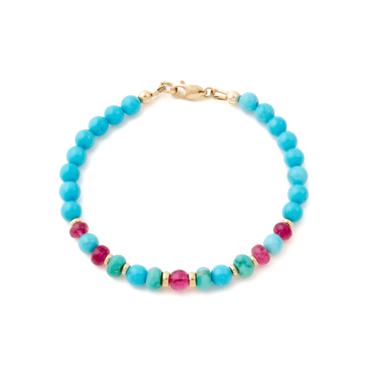14k Gold x Sleeping Beauty Turquoise & Rubellite Tourmaline Gem Bead Bracelet - Kingdom Jewelry