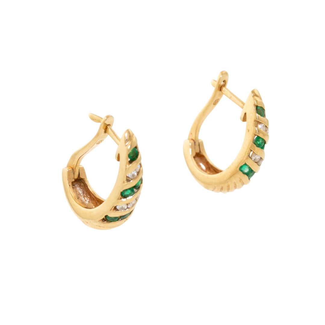 14k Gold x Striped 1980's Emerald & Diamond Demi - Hoop Earrings - Kingdom Jewelry