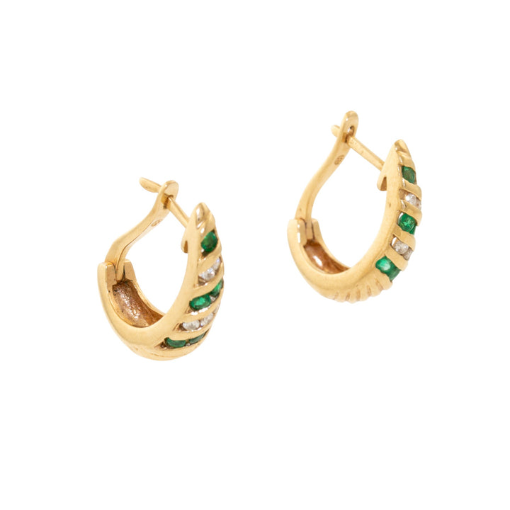 14k Gold x Striped 1980's Emerald & Diamond Demi - Hoop Earrings - Kingdom Jewelry