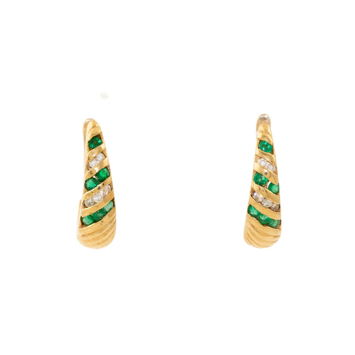 14k Gold x Striped 1980's Emerald & Diamond Demi - Hoop Earrings - Kingdom Jewelry
