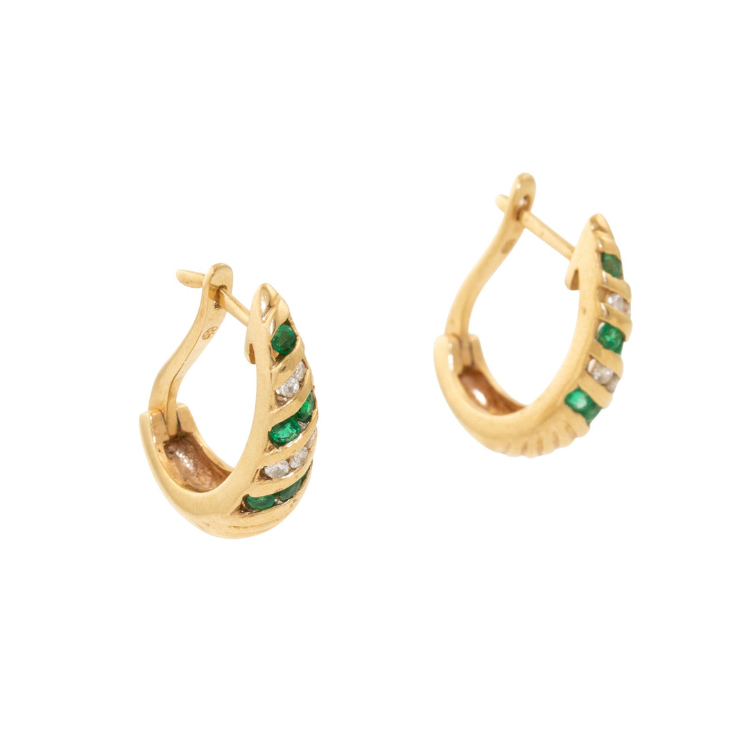 14k Gold x Striped 1980's Emerald & Diamond Demi - Hoop Earrings - Kingdom Jewelry