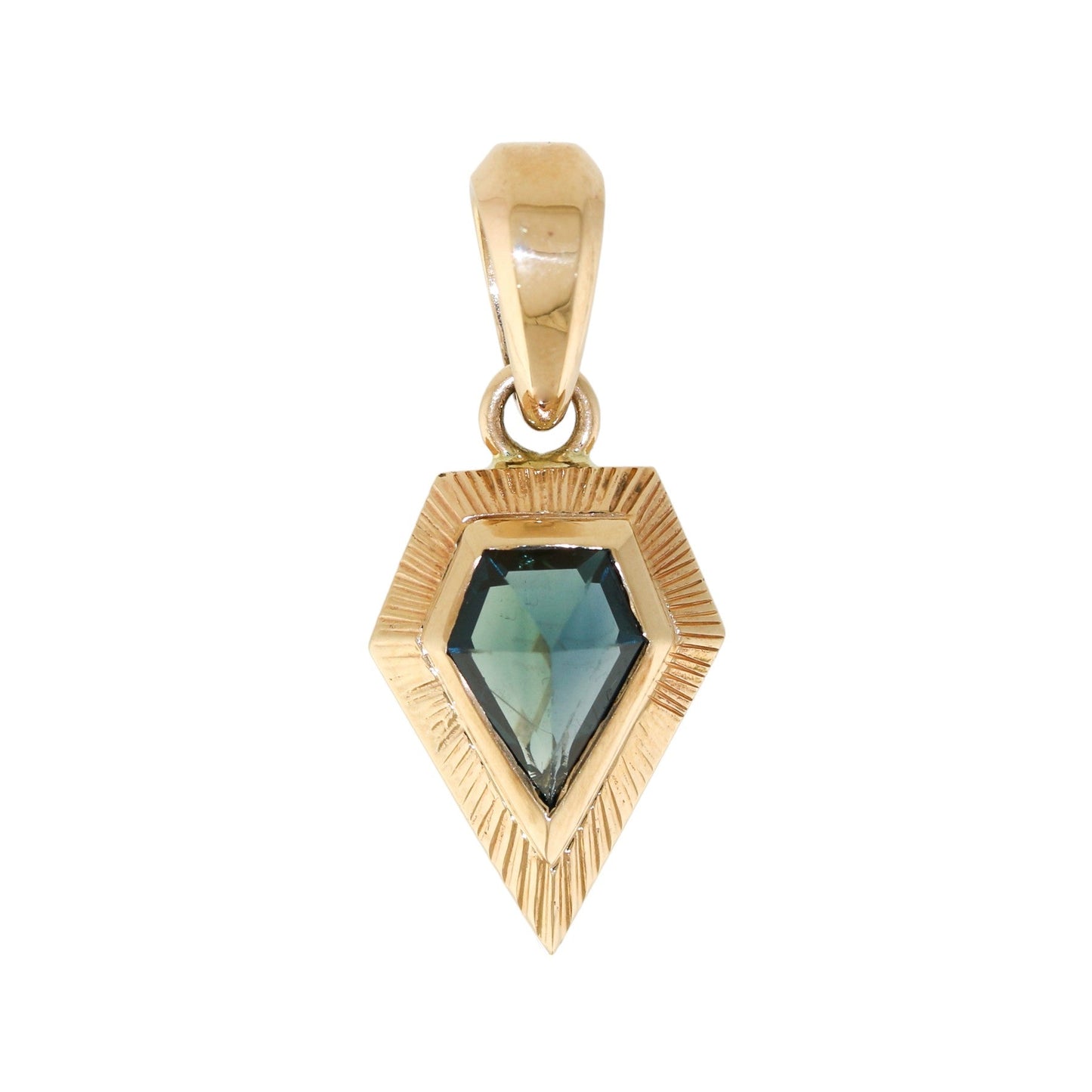 14K Gold x Teal Sapphire Art - Deco Arrowhead Sunburst Pendant - Kingdom Jewelry