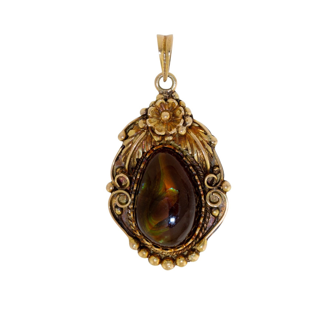 14k Gold x Vintage Ornate Floral Fire Agate Pendant - Kingdom Jewelry