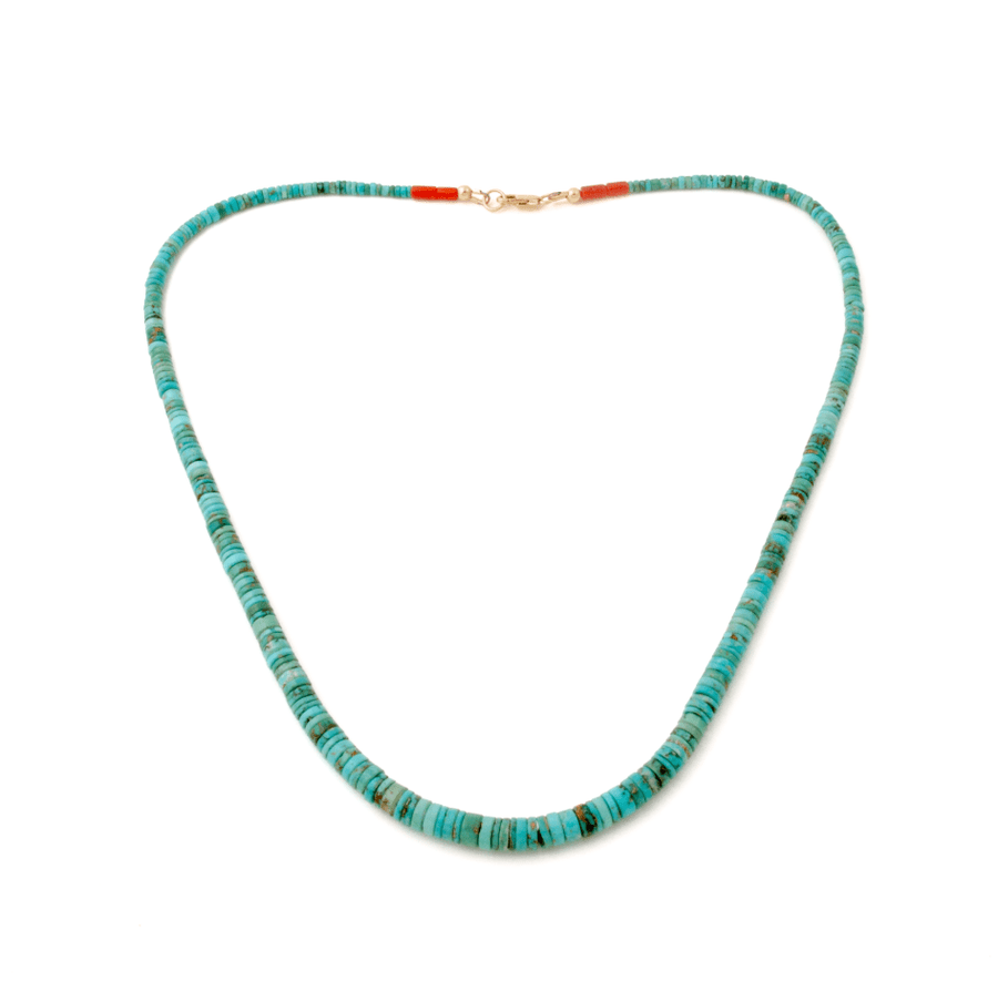14k Gold x Vintage Royston Turquoise & Red Coral - Tipped Heishi Strand Necklace - Kingdom Jewelry