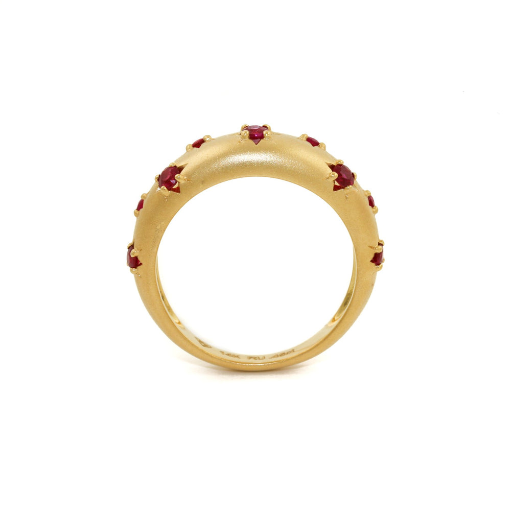 
                      
                        14k Matte Gold x 5mm Red Ruby Star Bombe Band - Kingdom Jewelry
                      
                    