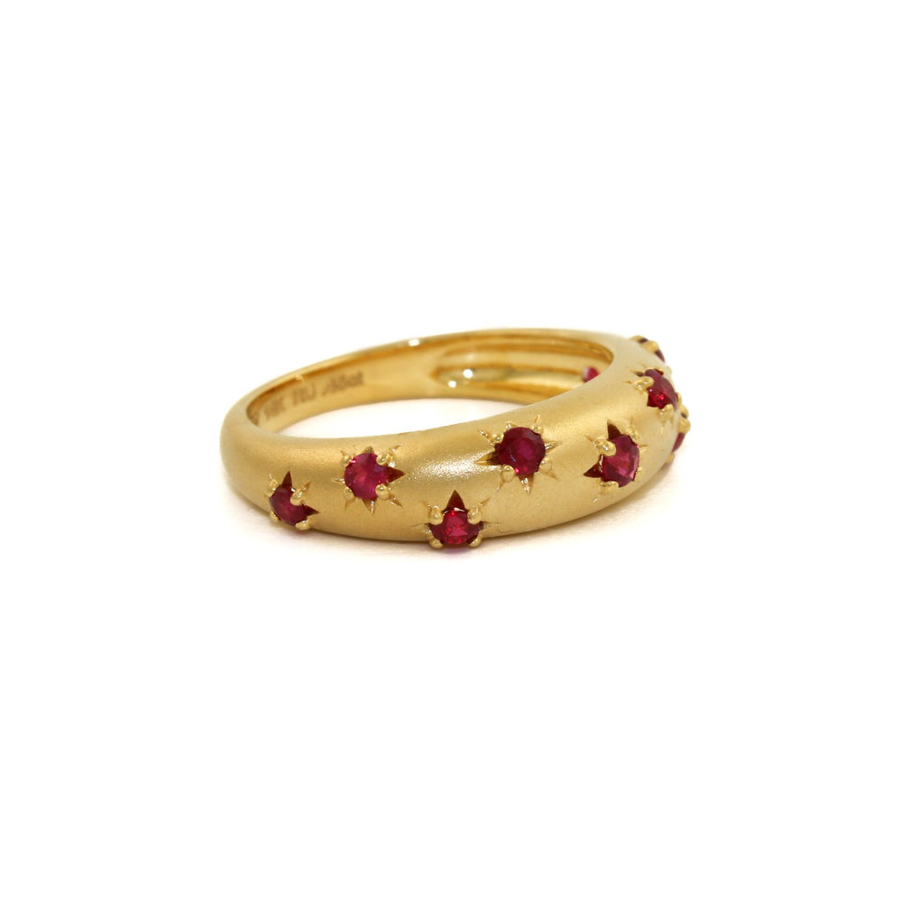 
                      
                        14k Matte Gold x 5mm Red Ruby Star Bombe Band - Kingdom Jewelry
                      
                    