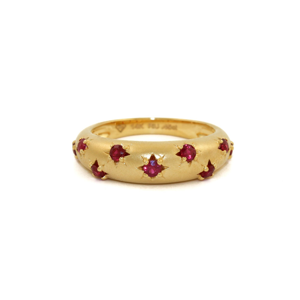 
                      
                        14k Matte Gold x 5mm Red Ruby Star Bombe Band - Kingdom Jewelry
                      
                    