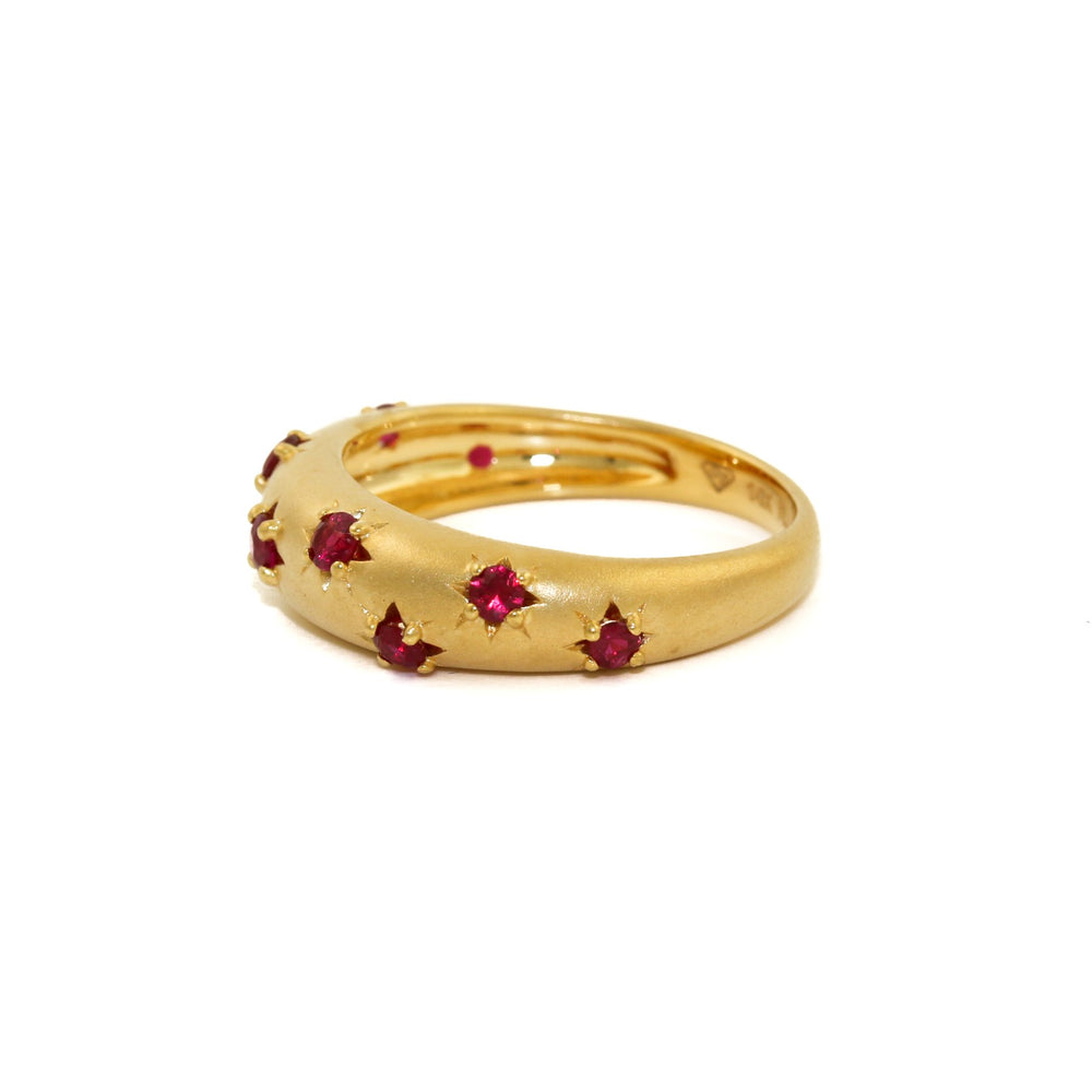 
                      
                        14k Matte Gold x 5mm Red Ruby Star Bombe Band - Kingdom Jewelry
                      
                    