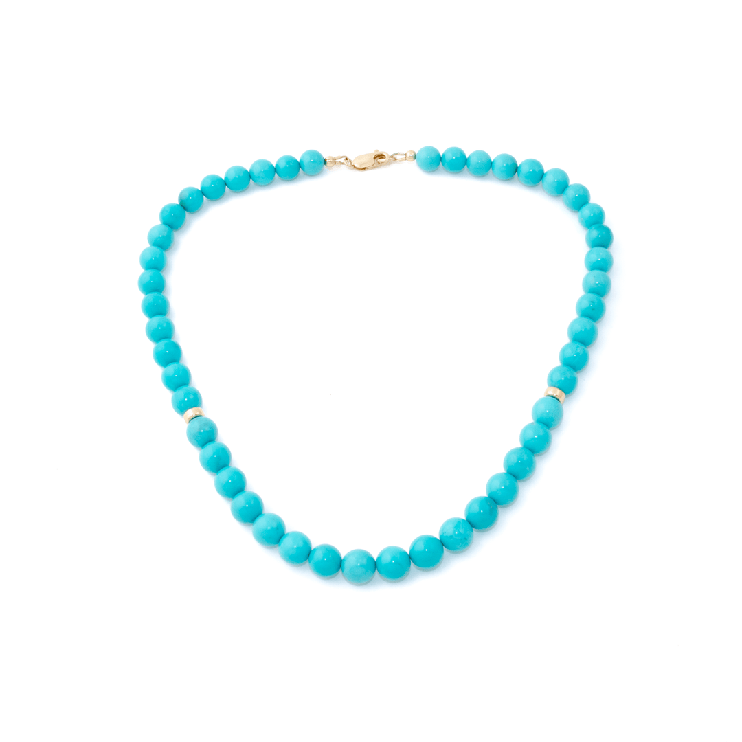 14K Natural Sleeping Beauty Turquoise 12.5mm Round Beaded Strand 17" - Kingdom Jewelry
