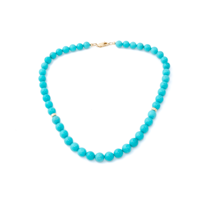 14K Natural Sleeping Beauty Turquoise 12.5mm Round Beaded Strand 17" - Kingdom Jewelry