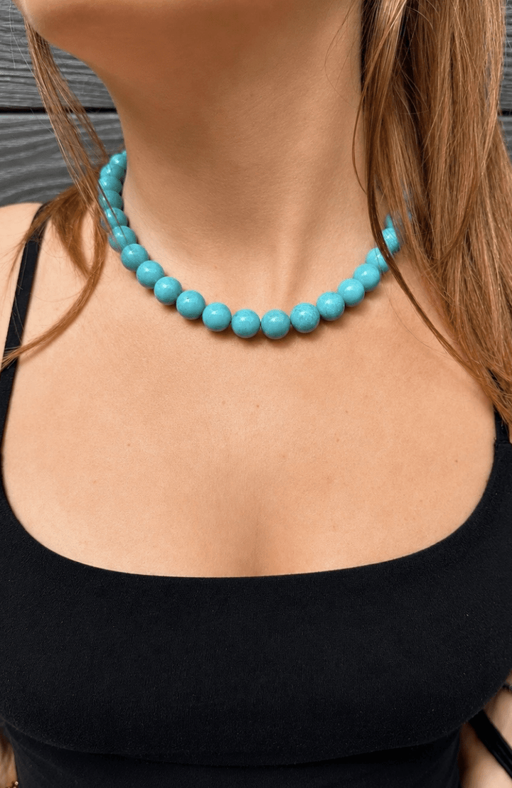 14K Natural Sleeping Beauty Turquoise 12.5mm Round Beaded Strand 17" - Kingdom Jewelry