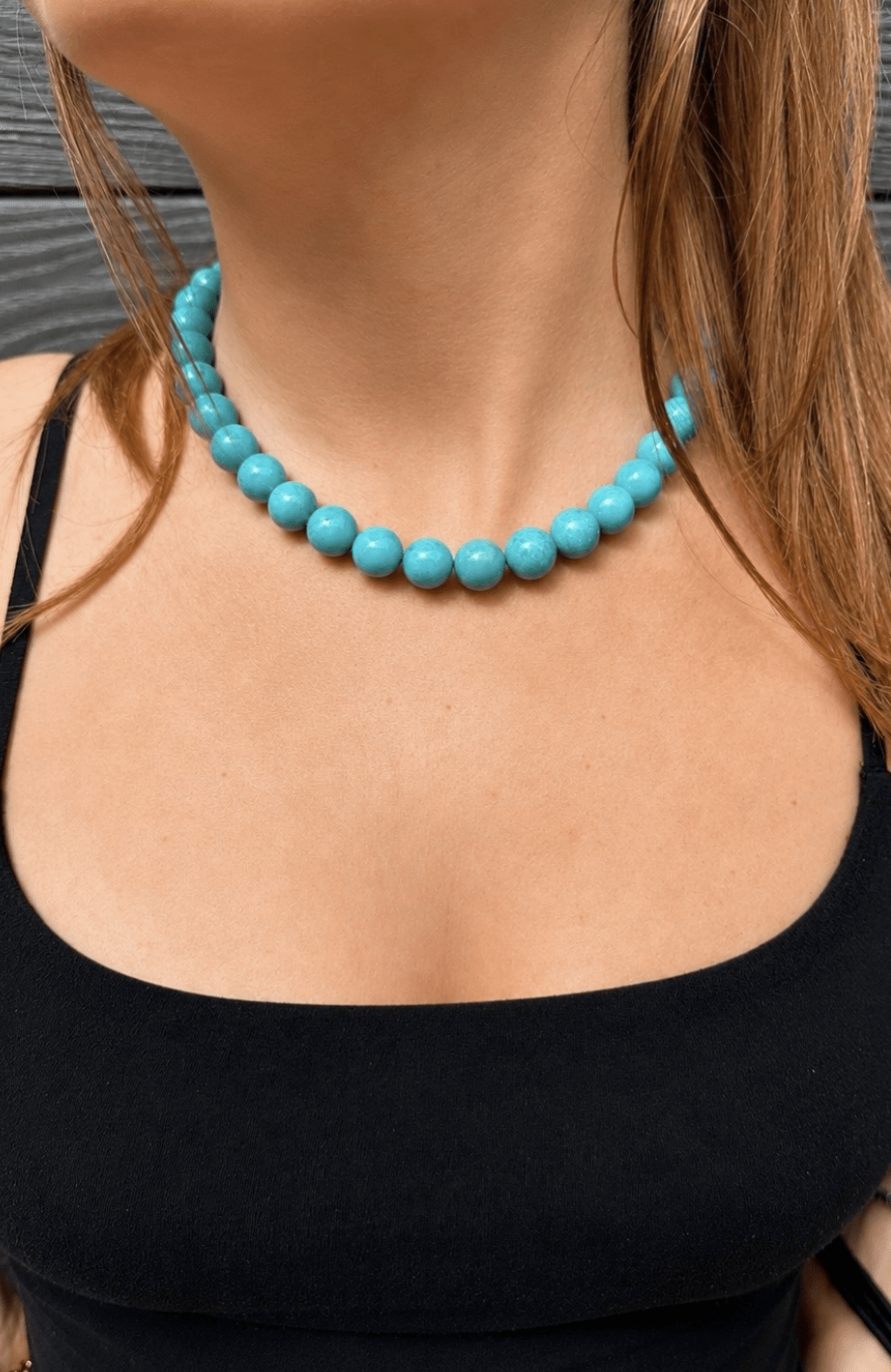 14K Natural Sleeping Beauty Turquoise 12.5mm Round Beaded Strand 17" - Kingdom Jewelry