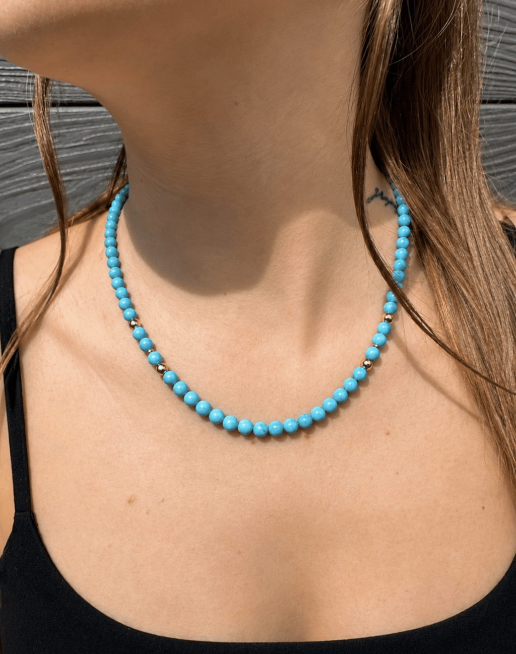 14K Natural Sleeping Beauty Turquoise AA 6mm Round Beaded Strand 19.5" - Kingdom Jewelry