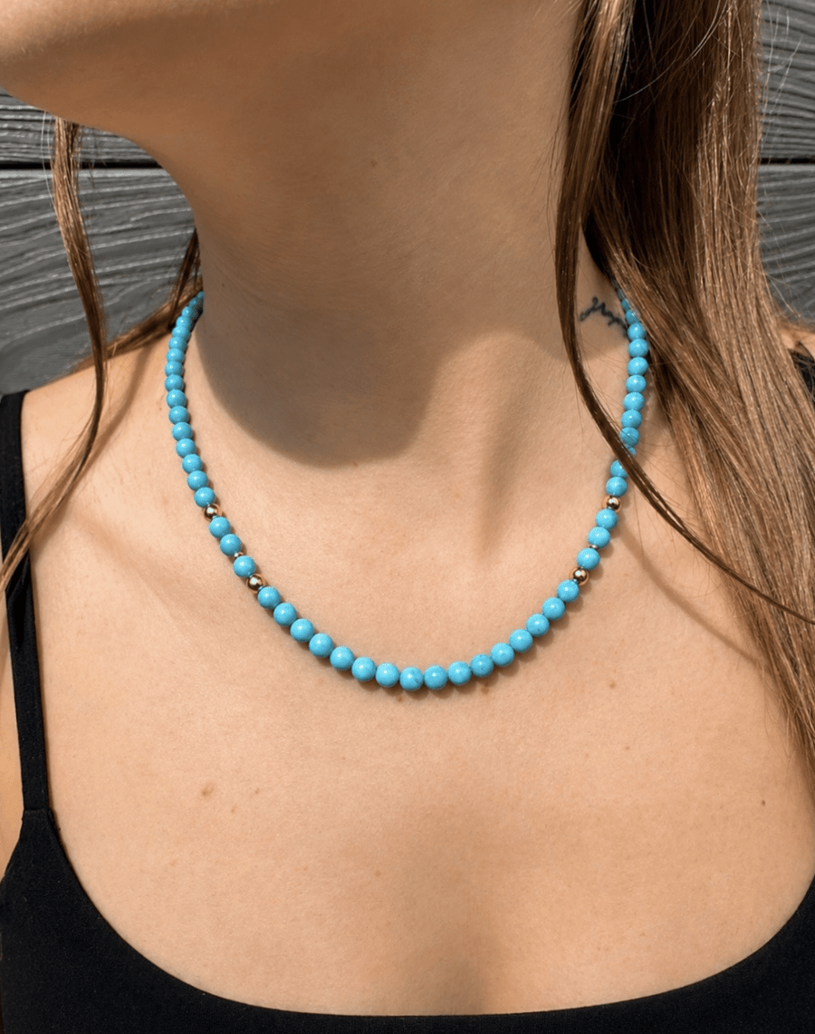 14K Natural Sleeping Beauty Turquoise AA 6mm Round Beaded Strand 19.5" - Kingdom Jewelry