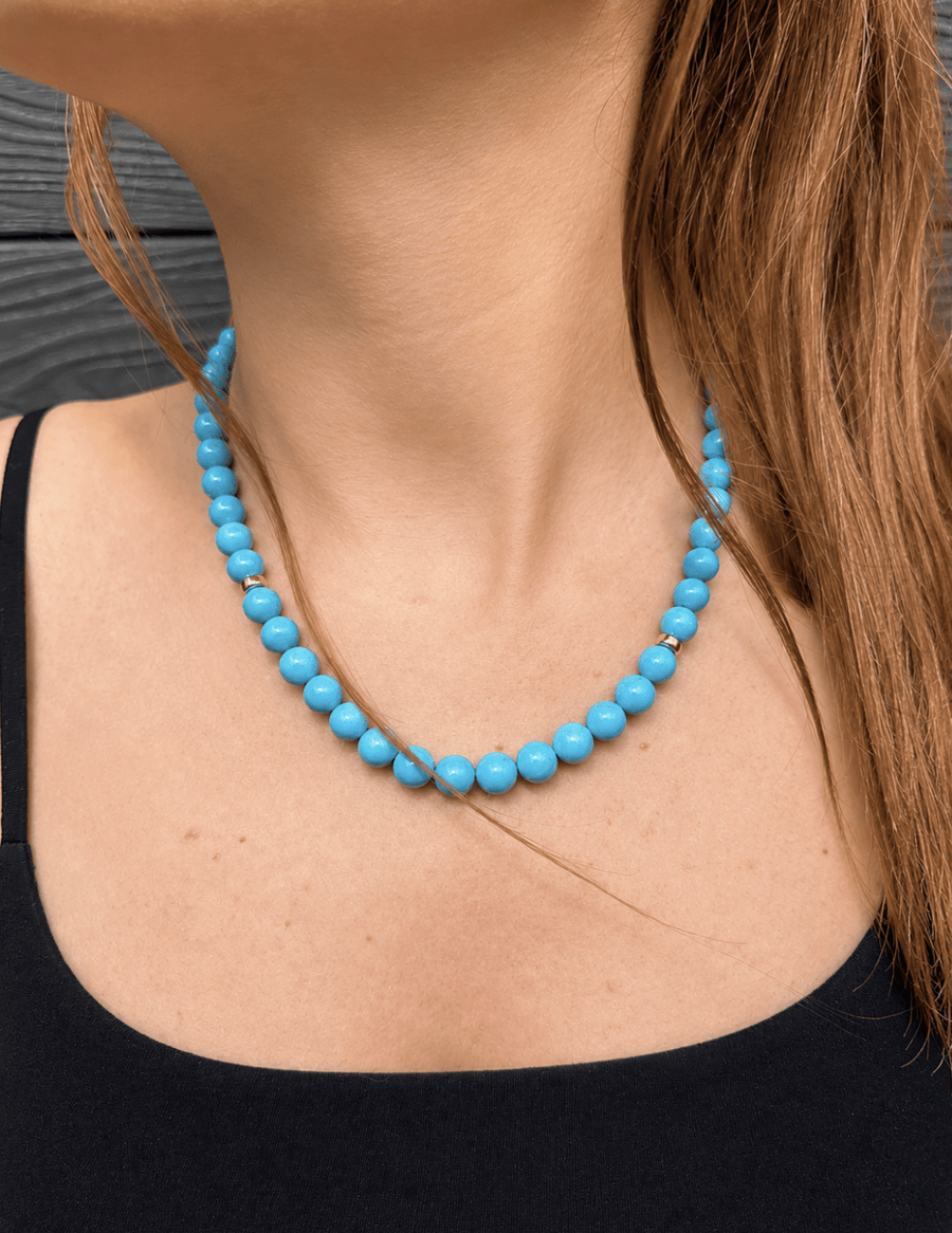 14K Natural Sleeping Beauty Turquoise AAA 9mm Round Beaded Strand 19" - Kingdom Jewelry