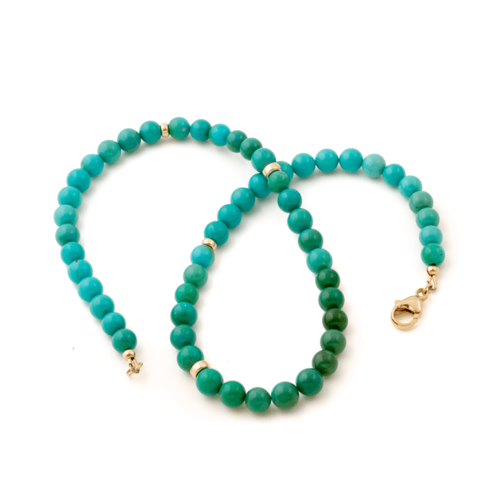14k Ombré Sleeping Beauty Turquoise Round 8.5mm Beaded Necklace 19" - Kingdom Jewelry