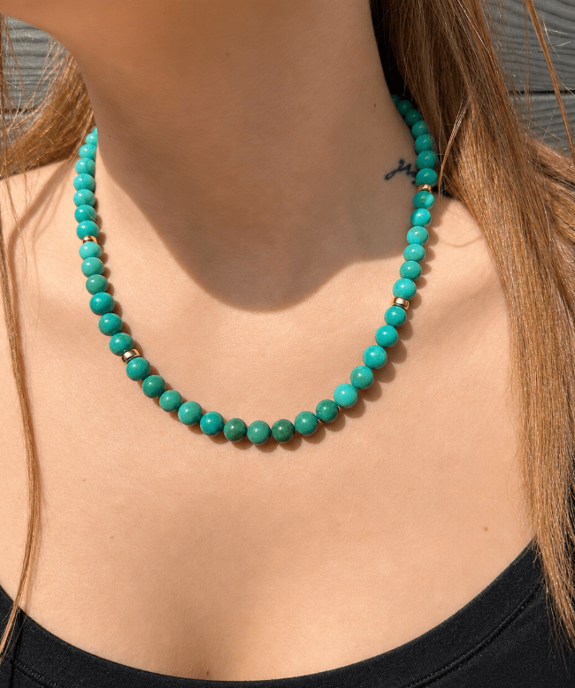 14k Ombré Sleeping Beauty Turquoise Round 8.5mm Beaded Necklace 19" - Kingdom Jewelry