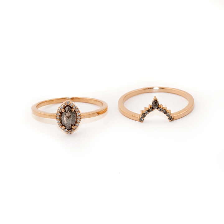 14k Rose Gold x Marquise + 0.82ctw Pavé Halo Salt & Pepper Diamond Engagement Suite - Kingdom Jewelry