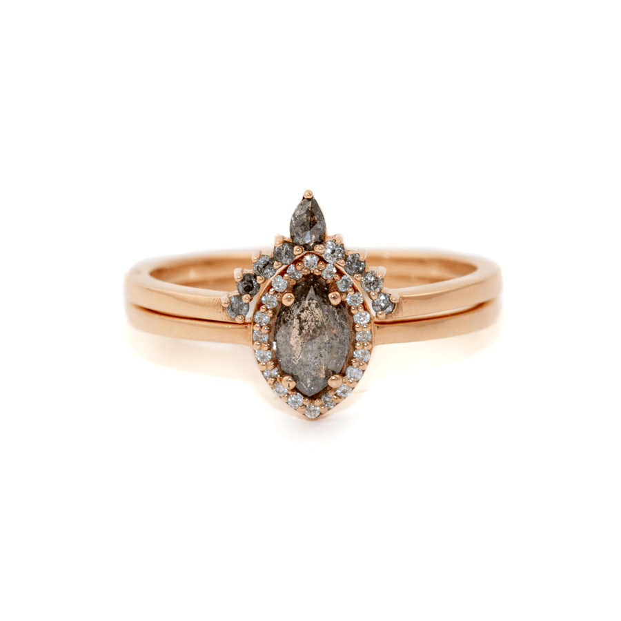 14k Rose Gold x Marquise + 0.82ctw Pavé Halo Salt & Pepper Diamond Engagement Suite - Kingdom Jewelry