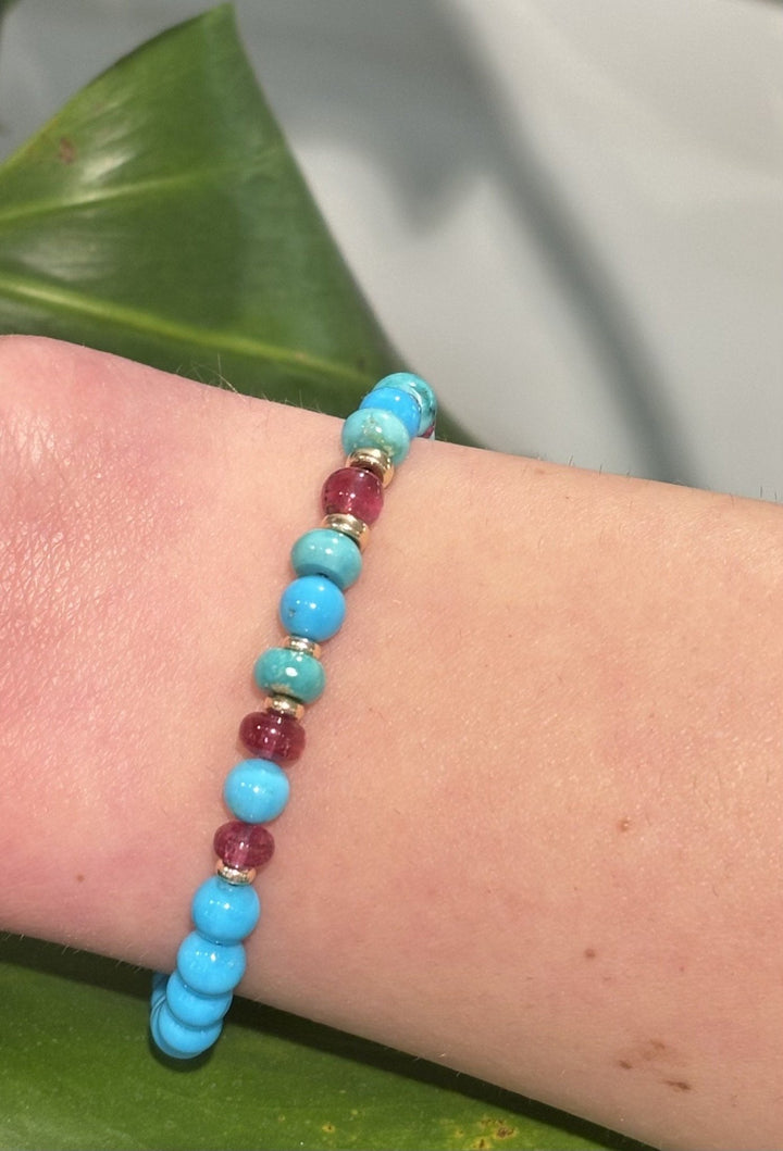 14K Sleeping Beauty Turquoise + Rubellite Tourmaline Gem Bracelet - Kingdom Jewelry
