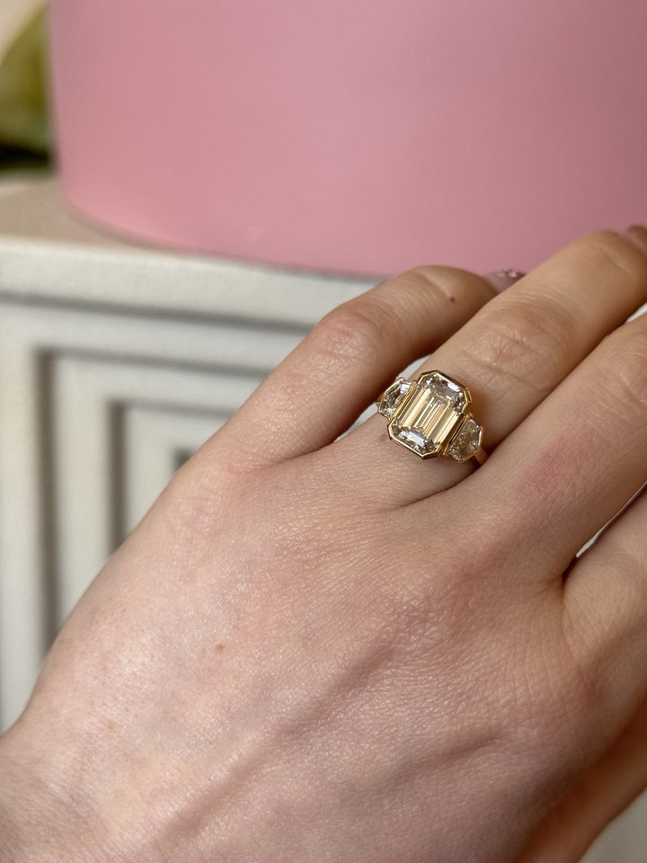 14K Three - Stone Emerald Cut Diamond Ring - Kingdom Jewelry