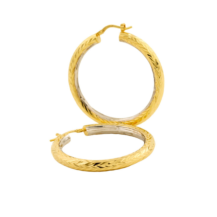 14k Two - Tone Gold x 4mm Chevron Textured Hoop - Kingdom Jewelry