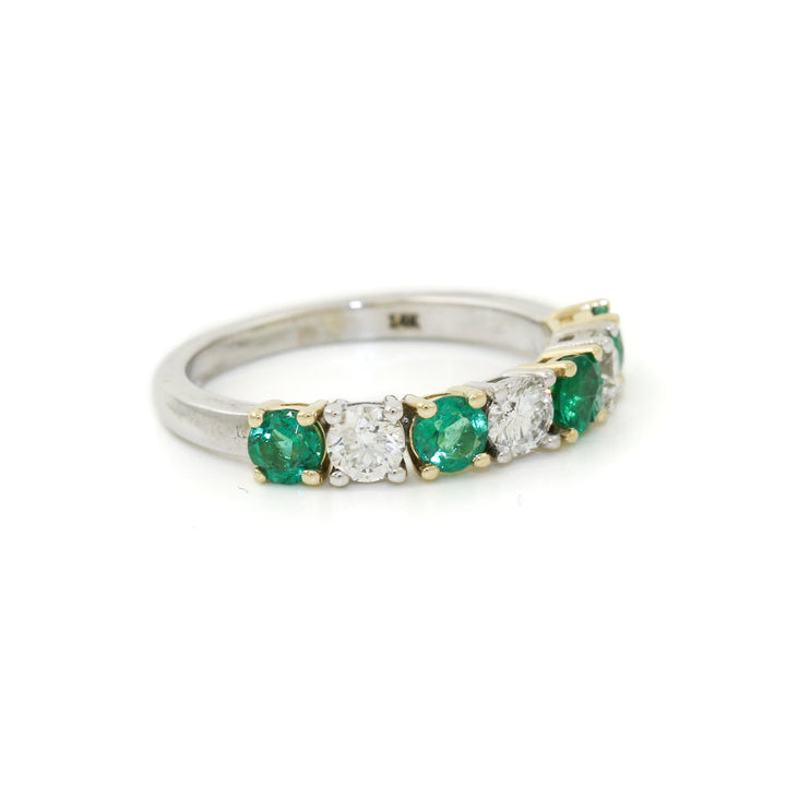14k Two - Tone x 5mm .69ct Emerald & .54ct Diamond Semi - Eternity Band - Kingdom Jewelry