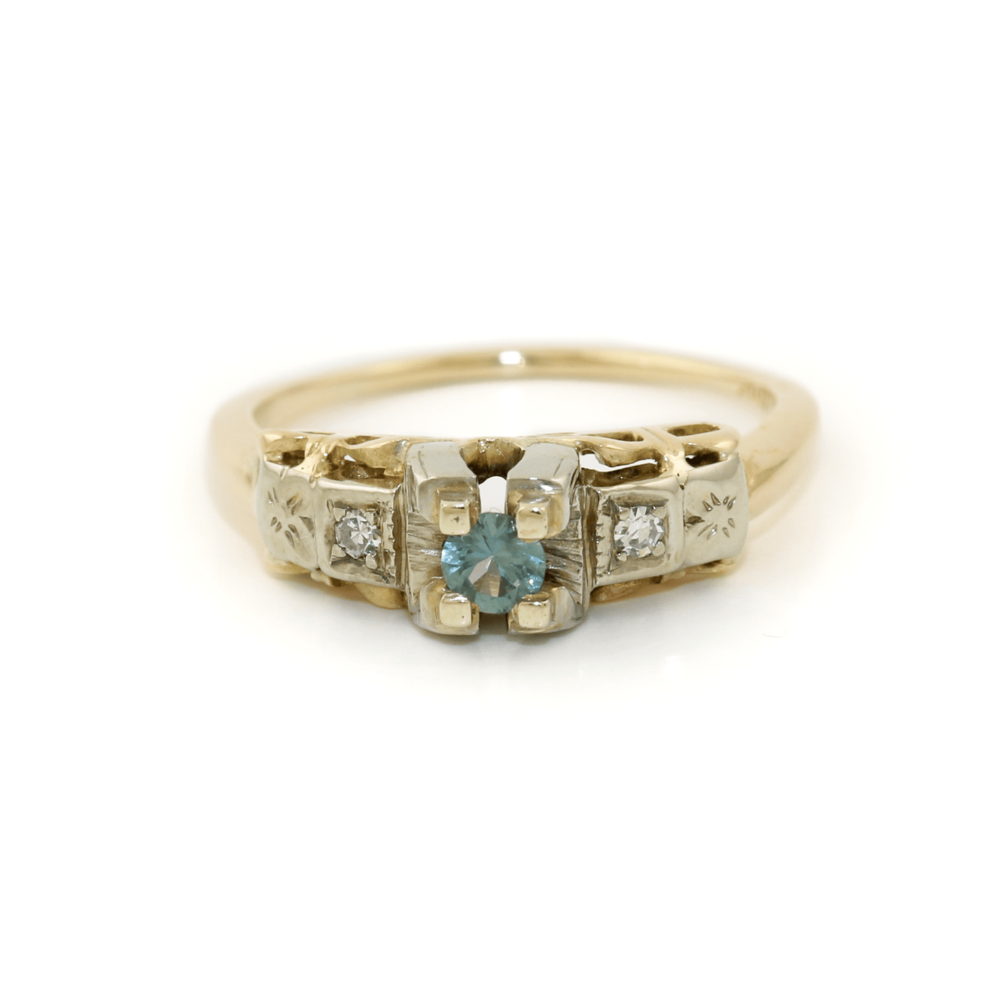 14k Two Tone x Antique Blue Topaz & Diamond Art - Deco Ring - Kingdom Jewelry