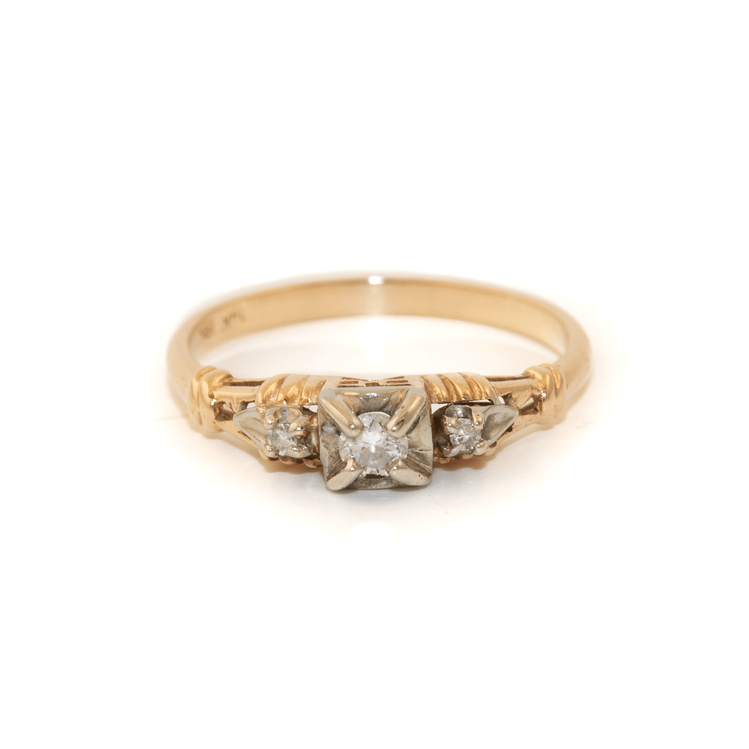 14k Two - Tone x Vintage Art - Deco Natural Diamond Trilogy Ring - Kingdom Jewelry