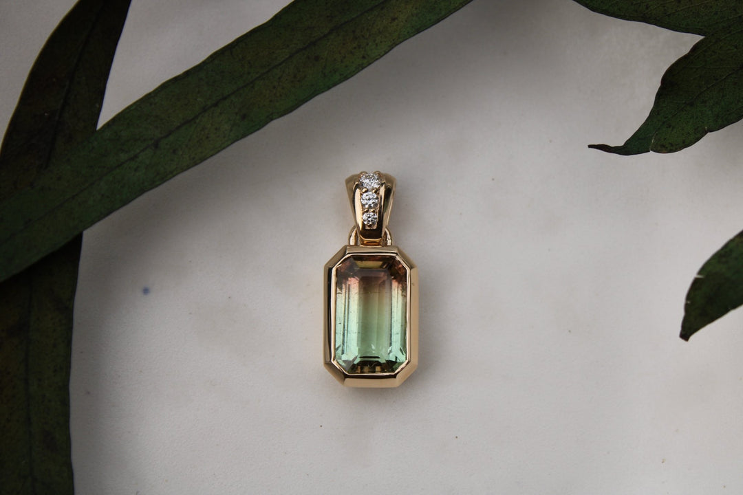 14K Watermelon Tourmaline Pendant x Natural Diamond Bail - Kingdom Jewelry