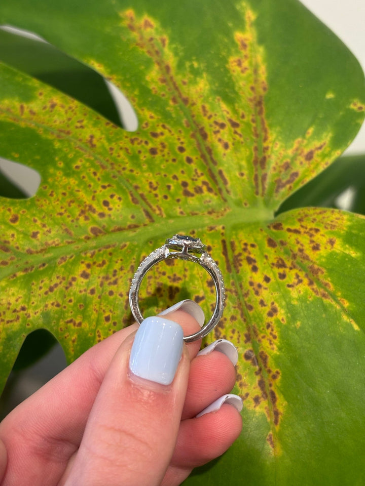 14k White Gold Diamond Halo and Blue Sapphire 'Lunara' Ring - Kingdom Jewelry