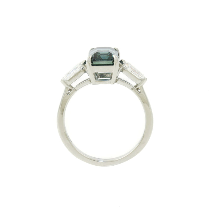 14K White Gold x 8mm Emerald - Cut Teal Sapphire & Shield Diamond Ring - Kingdom Jewelry