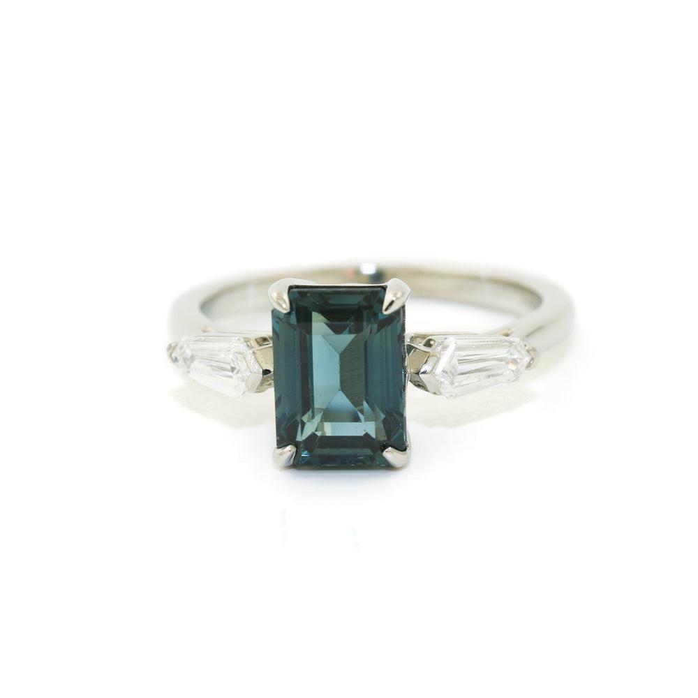 
                      
                        14K White Gold x 8mm Emerald - Cut Teal Sapphire & Shield Diamond Ring - Kingdom Jewelry
                      
                    