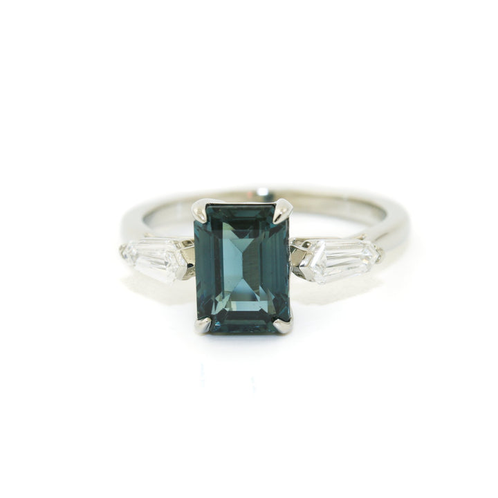 14K White Gold x 8mm Emerald - Cut Teal Sapphire & Shield Diamond Ring - Kingdom Jewelry