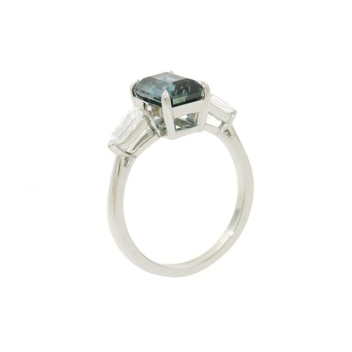 14K White Gold x 8mm Emerald - Cut Teal Sapphire & Shield Diamond Ring - Kingdom Jewelry