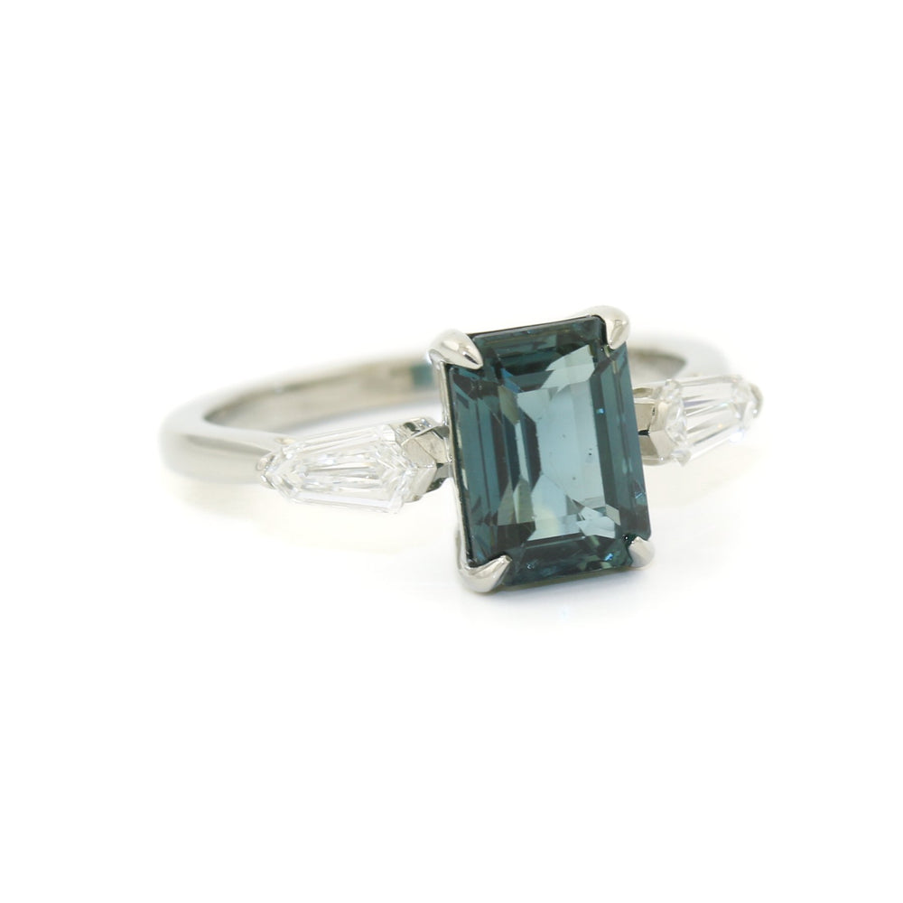 
                      
                        14K White Gold x 8mm Emerald - Cut Teal Sapphire & Shield Diamond Ring - Kingdom Jewelry
                      
                    