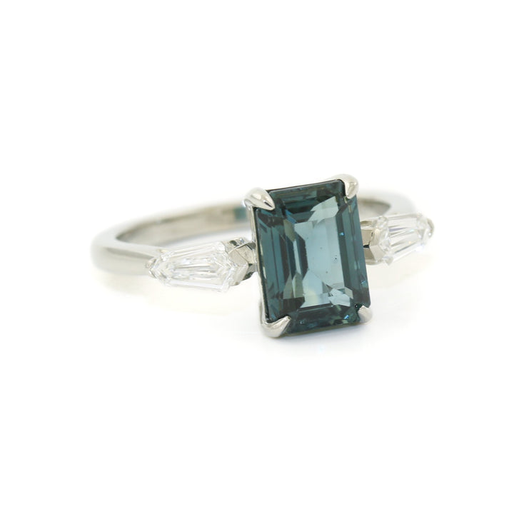 14K White Gold x 8mm Emerald - Cut Teal Sapphire & Shield Diamond Ring - Kingdom Jewelry