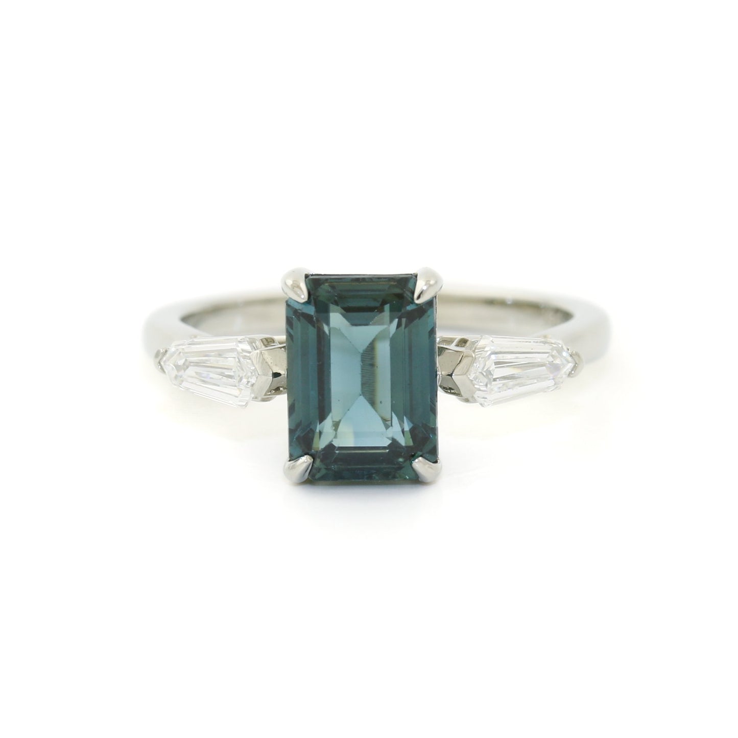 14K White Gold x 8mm Emerald - Cut Teal Sapphire & Shield Diamond Ring - Kingdom Jewelry