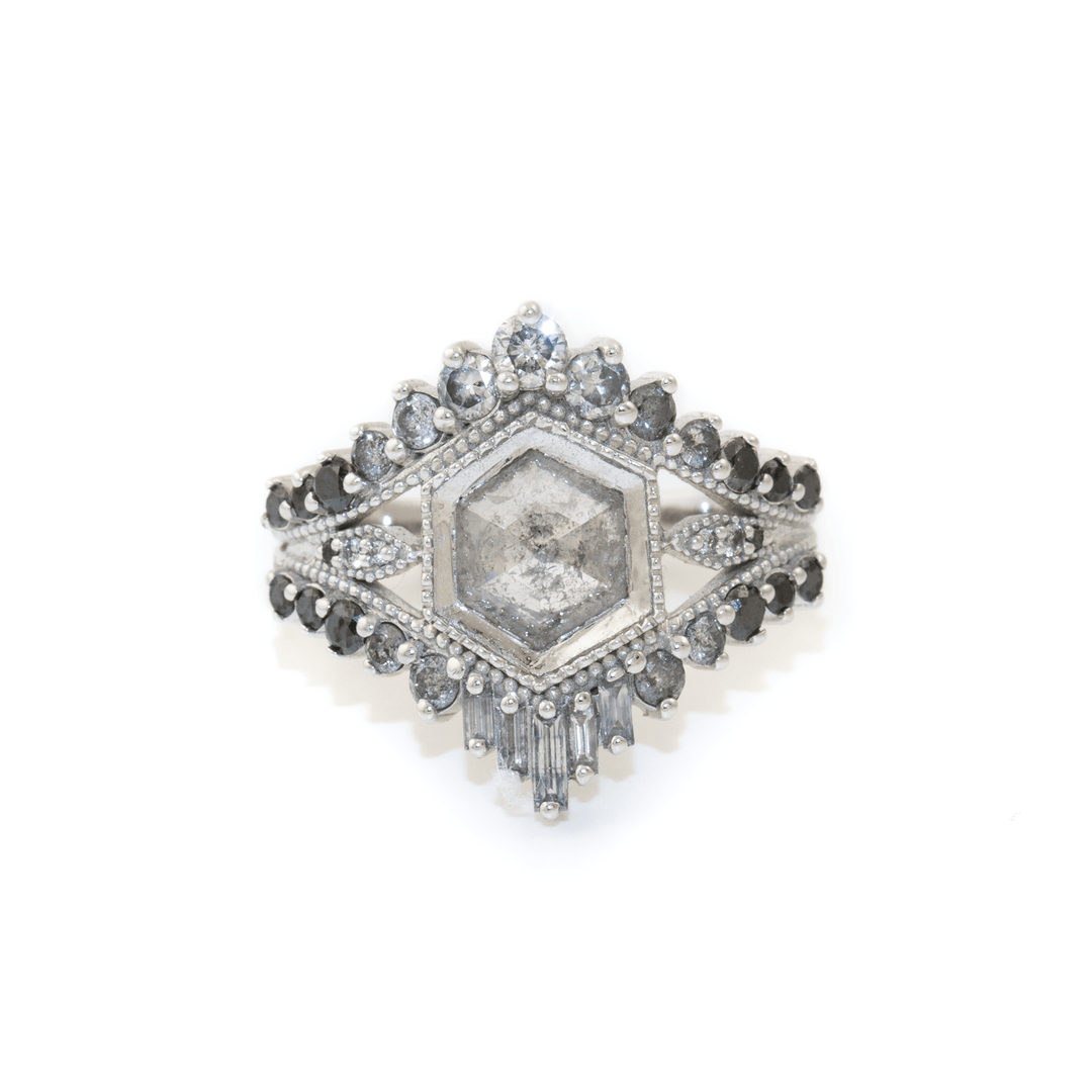 14k White Gold x Magnificent 2.62ctw Salt & Pepper Hex Diamond Ring - Kingdom Jewelry