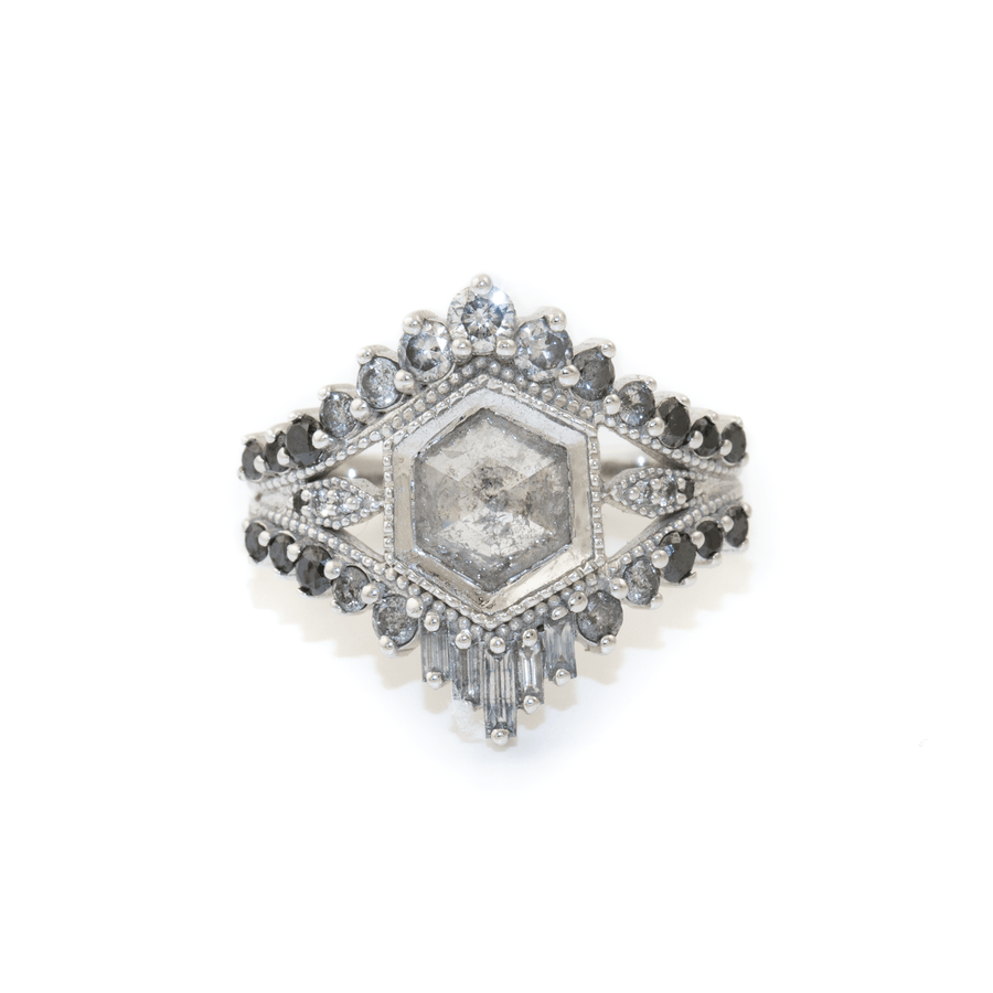 14k White Gold x Magnificent 2.62ctw Salt & Pepper Hex Diamond Ring - Kingdom Jewelry