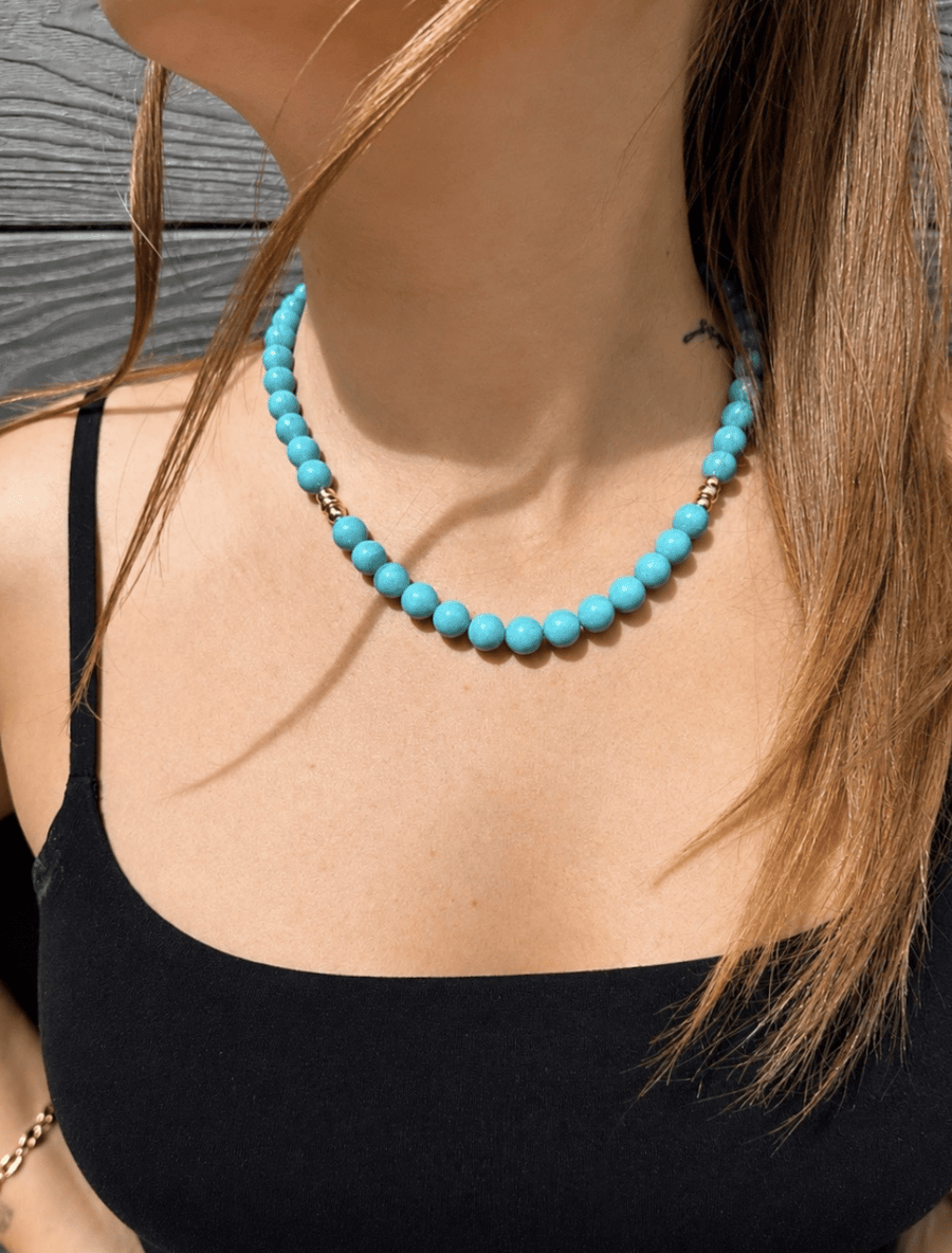 14k x Natural Sleeping Beauty Turquoise AAA 9mm Round Beaded Strand 18" - Kingdom Jewelry