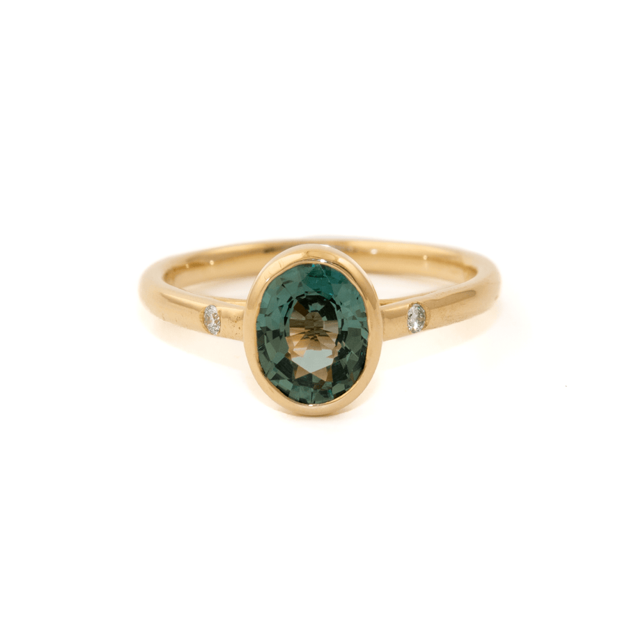 14K Yellow Gold Bezel Set Teal Sapphire Lab Dia Cathedral set ring - Kingdom Jewelry