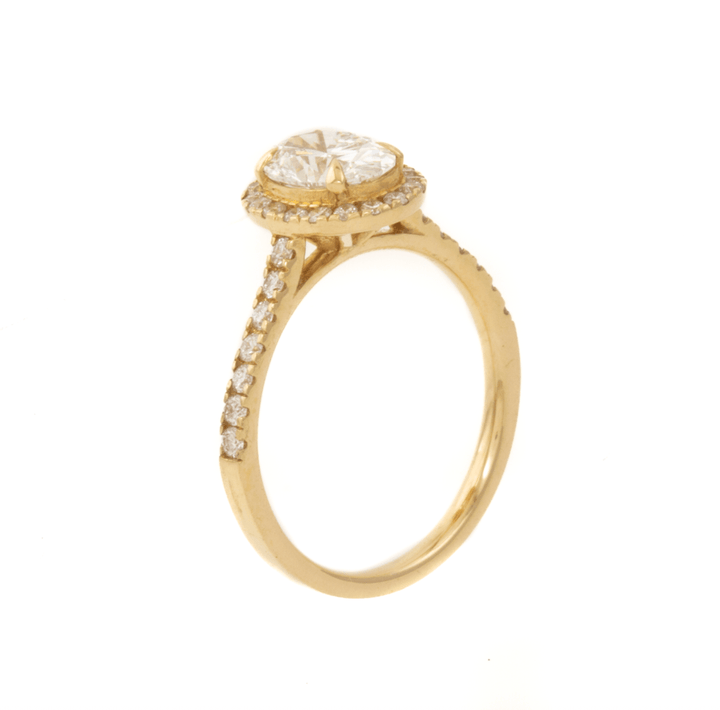 14K Yellow Gold Engagement Ring set w/ LGD Oval 1.00ct VVS2 D and rbc 32=0.41ct Diamond Halo and 1/2 Eternity Pavew VS F size 6 - Kingdom Jewelry