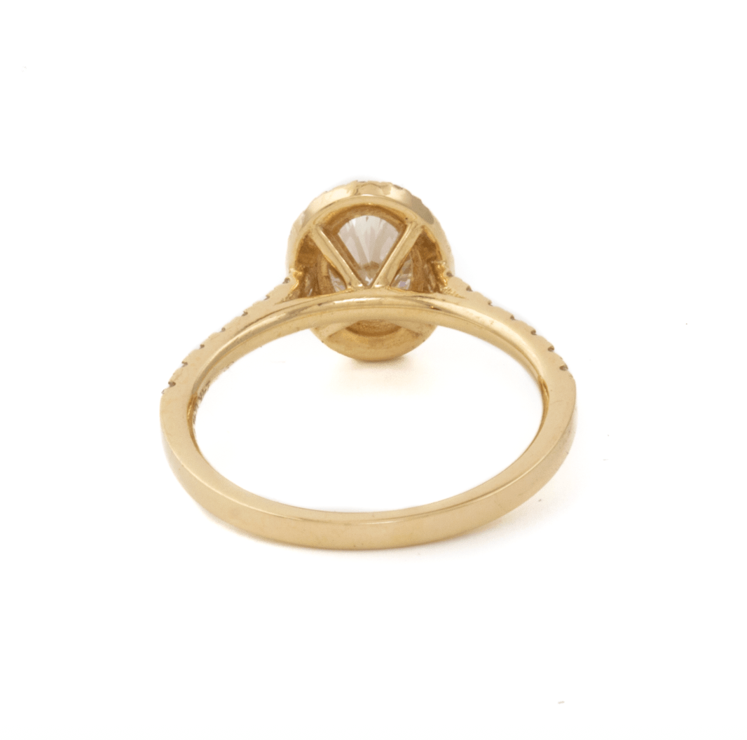 14K Yellow Gold Engagement Ring set w/ LGD Oval 1.00ct VVS2 D and rbc 32=0.41ct Diamond Halo and 1/2 Eternity Pavew VS F size 6 - Kingdom Jewelry