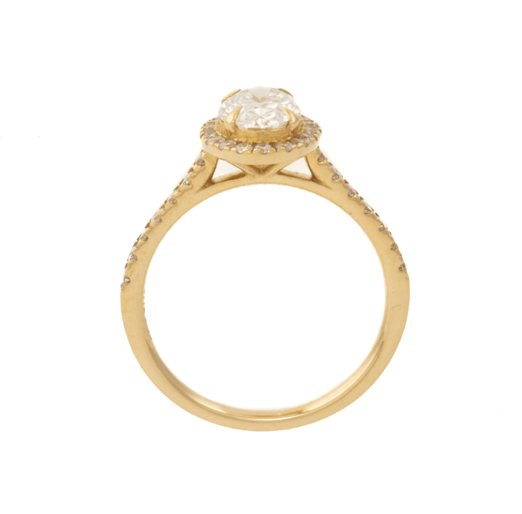 14K Yellow Gold Engagement Ring set w/ LGD Oval 1.00ct VVS2 D and rbc 32=0.41ct Diamond Halo and 1/2 Eternity Pavew VS F size 6 - Kingdom Jewelry