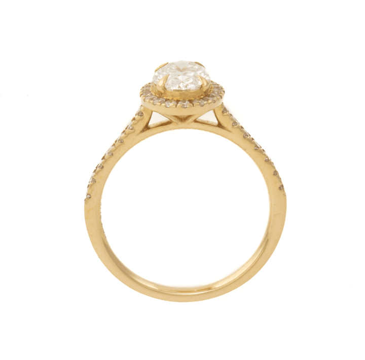 14K Yellow Gold Engagement Ring set w/ LGD Oval 1.00ct VVS2 D and rbc 32=0.41ct Diamond Halo and 1/2 Eternity Pavew VS F size 6 - Kingdom Jewelry