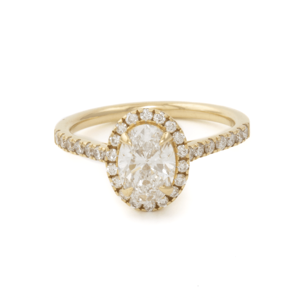 14K Yellow Gold Engagement Ring set w/ LGD Oval 1.00ct VVS2 D and rbc 32=0.41ct Diamond Halo and 1/2 Eternity Pavew VS F size 6 - Kingdom Jewelry