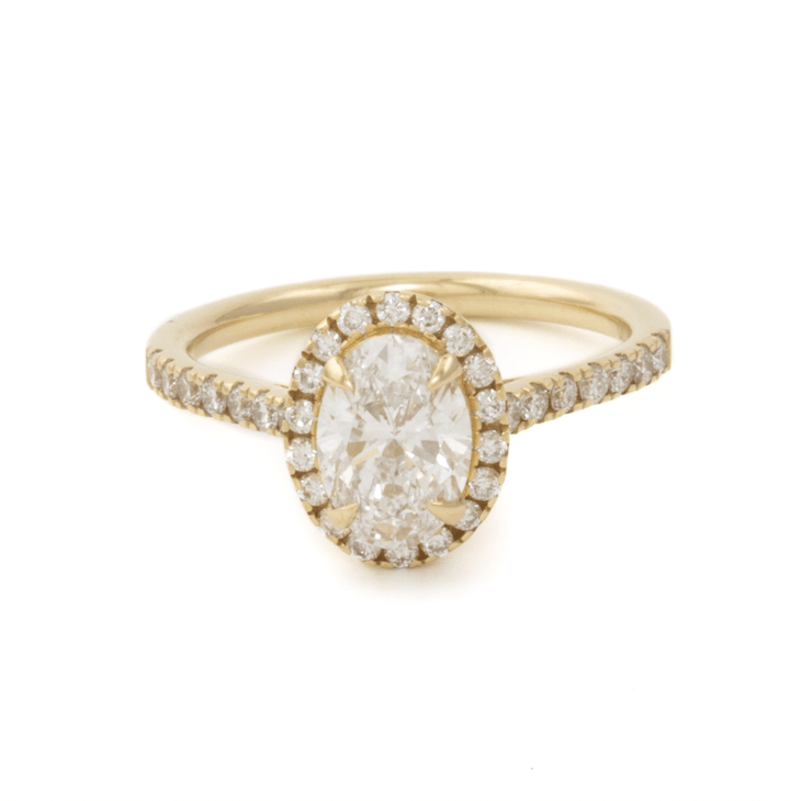 14K Yellow Gold Engagement Ring set w/ LGD Oval 1.00ct VVS2 D and rbc 32=0.41ct Diamond Halo and 1/2 Eternity Pavew VS F size 6 - Kingdom Jewelry