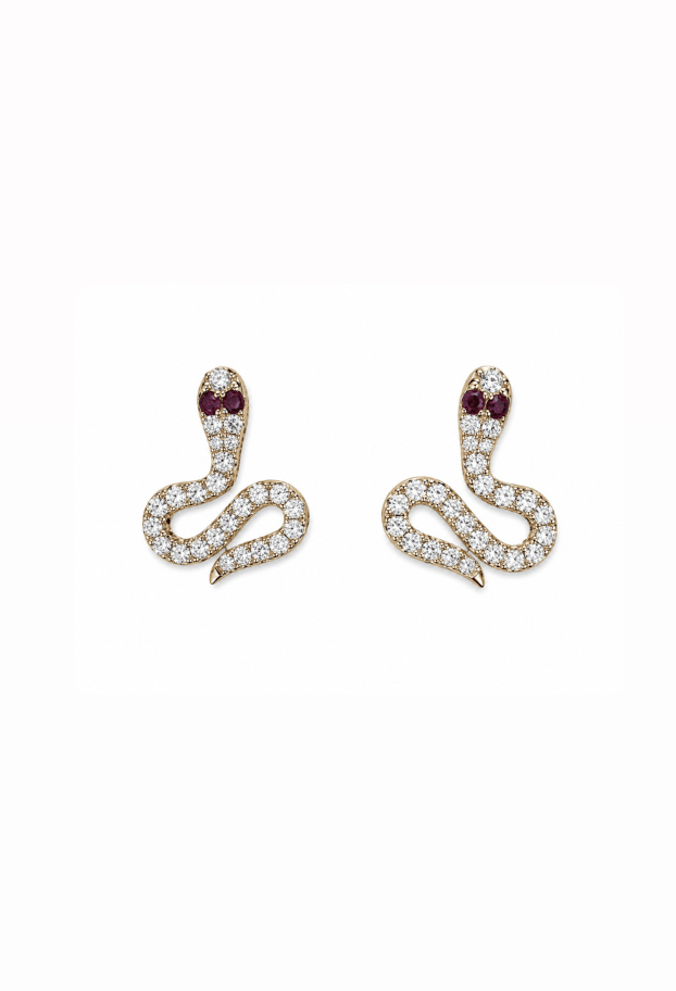 14k Yellow Gold Natural Diamond Snake Earrings with Ruby Eyes - Kingdom Jewelry