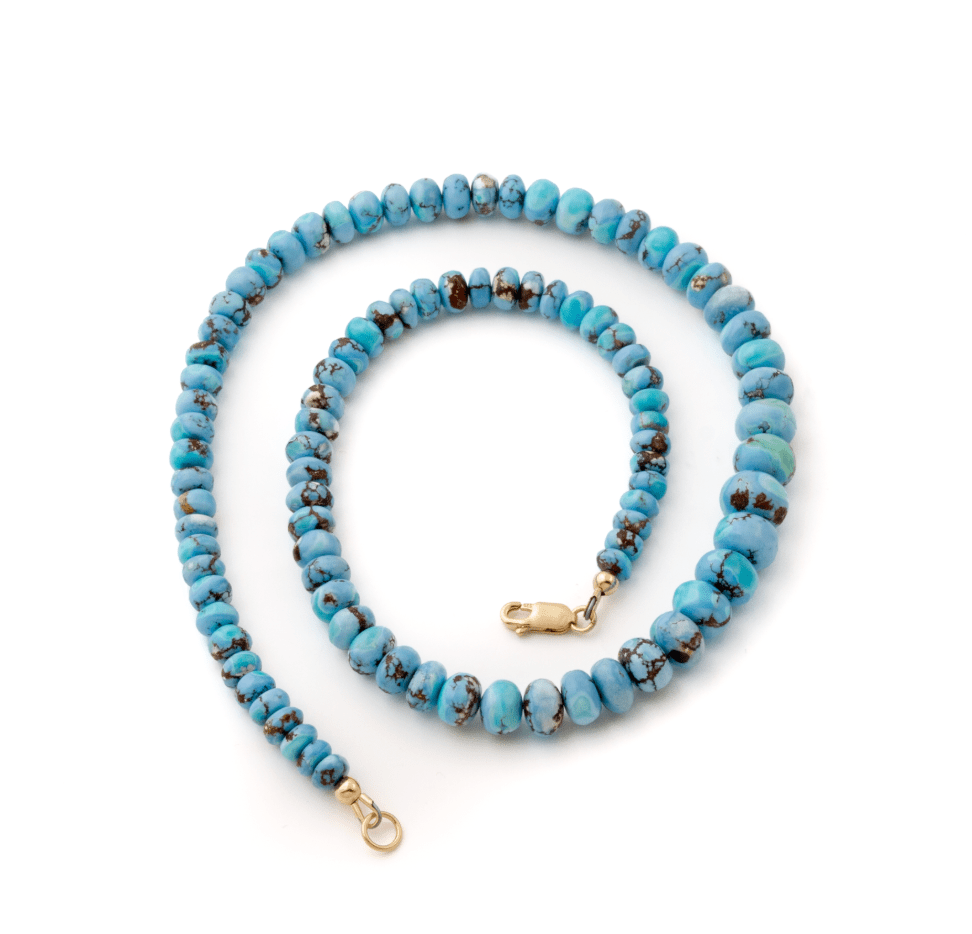 14k Yellow Gold Natural Golden Hills Turquoise 10mm Round Beaded Strand (2) - Kingdom Jewelry